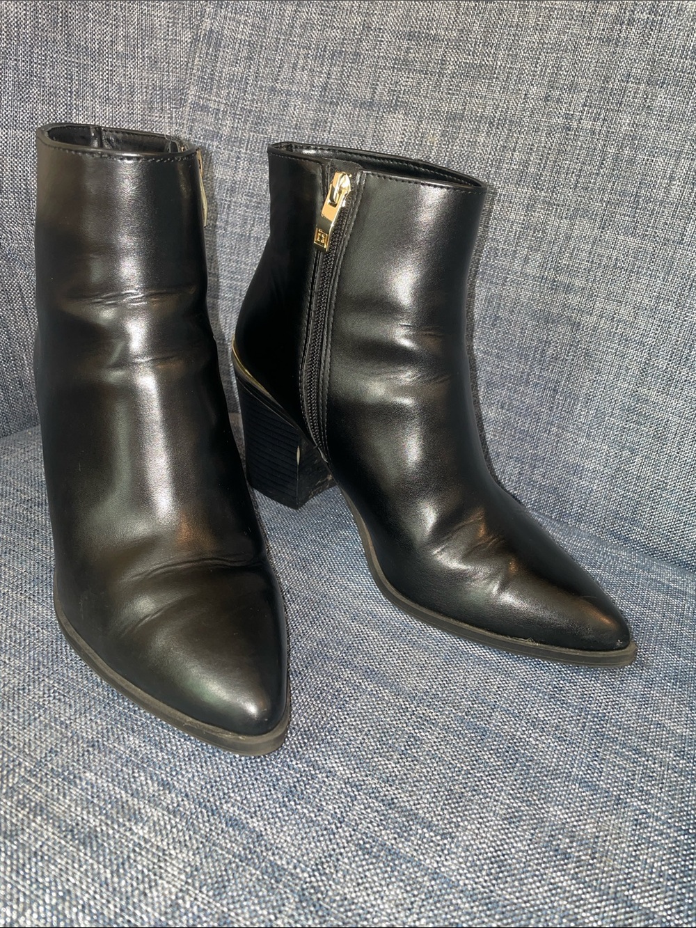 Paul Green Black Pointed Toe Leather Ankle Booties with Gold Zip